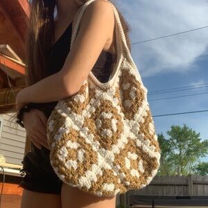 Handmade Crochet Tote Bag - White and Tan